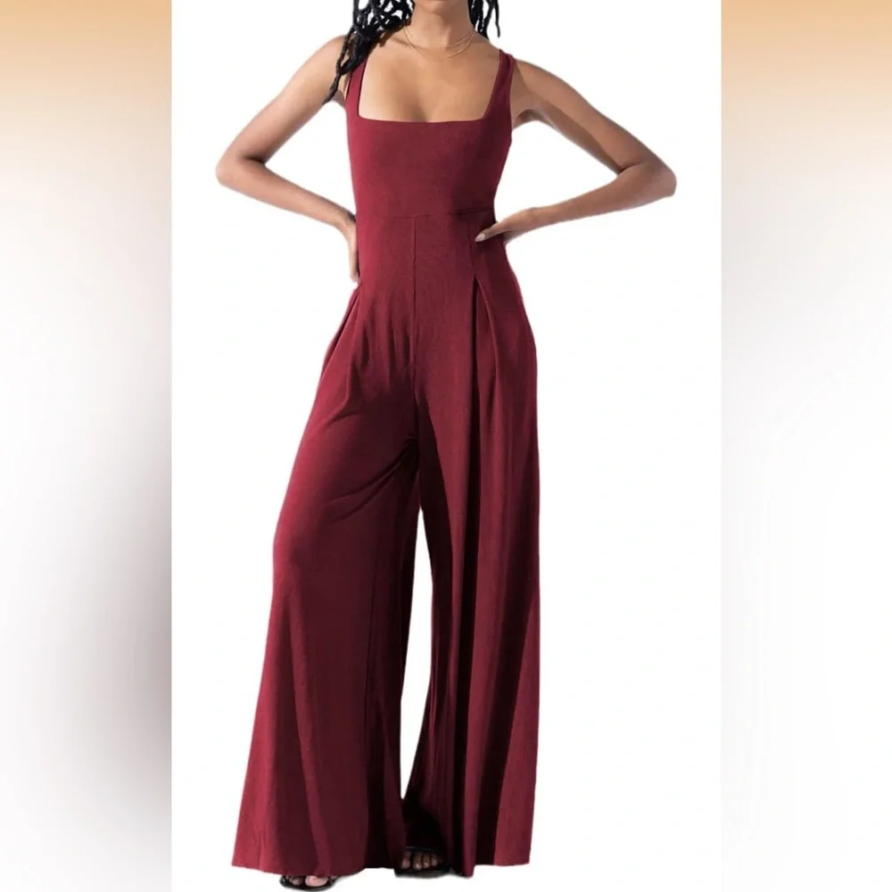 Ribbed Wide-Leg Square-Neck Jumpsuit in Burgundy - Picture 1 of 6